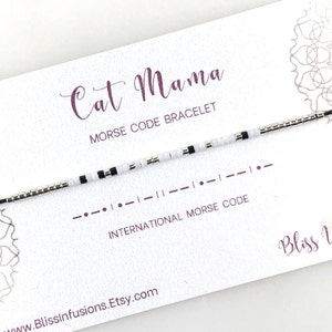 CAT MAMA Morse Code Bracelet/ Morse Code Jewelry/ Dainty Stacking Bracelet/ Secret Message/ Word Bracelet/ Mom&#39;s Gift