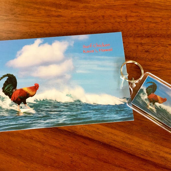Surf Chicken - Chicken Art, Chicken Postcards, Surfing Keychain, Surfing Postcards, Chicken Lover Gifts, Chicken Keychain, Unique Keyrings