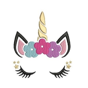 May include: A black and white unicorn face with closed eyes. The unicorn has a gold horn and a pink, purple, and blue flower crown.