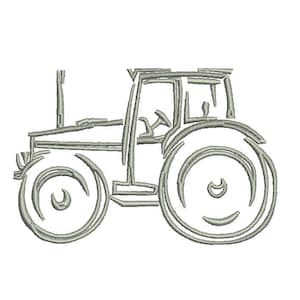 Könnte beinhalten: Eine Strichzeichnung eines grauen Traktors mit einem einzigen Sitz und zwei großen Rädern.