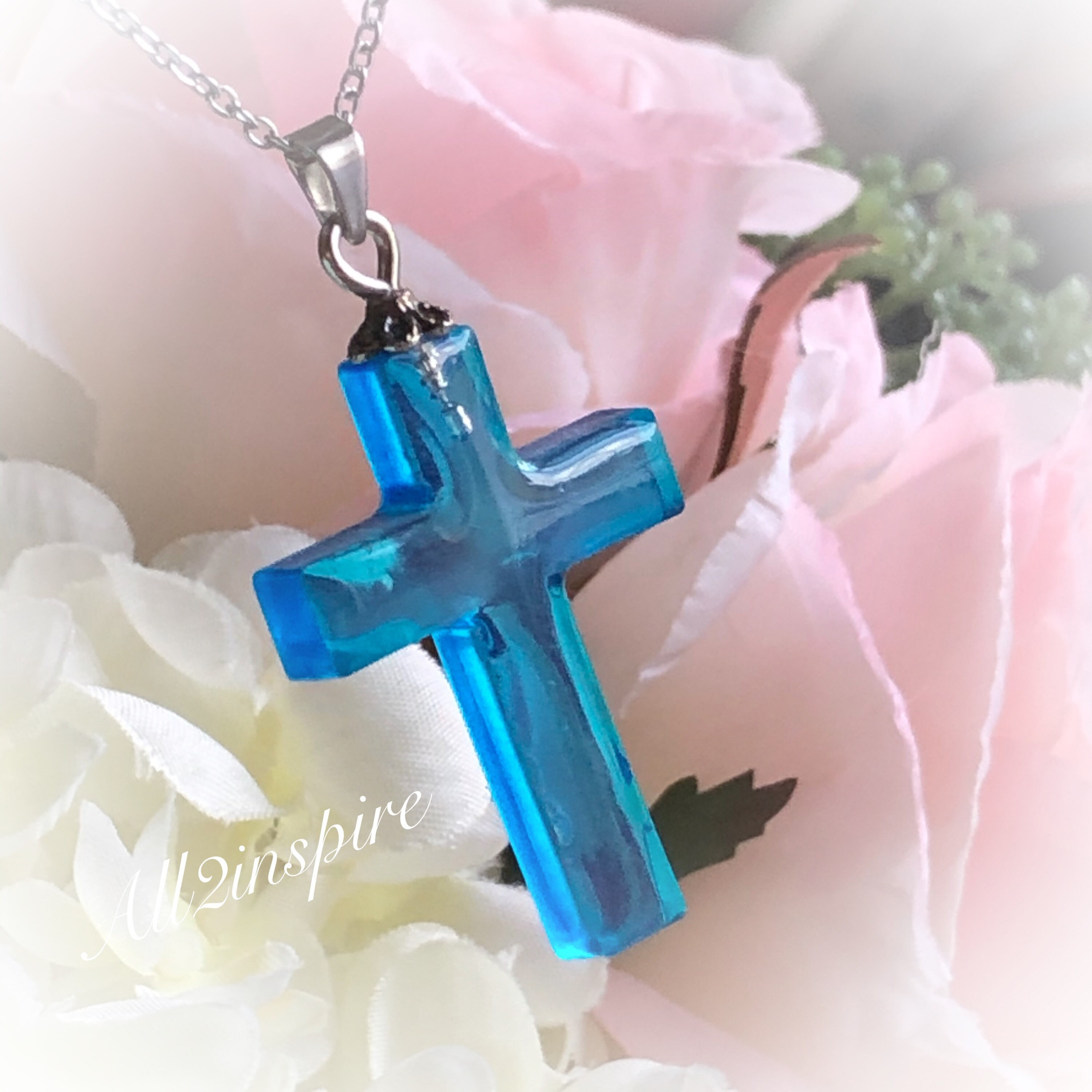 Blue Resin Cross Necklace Jewelry OOAK Handmade resin art Etsy