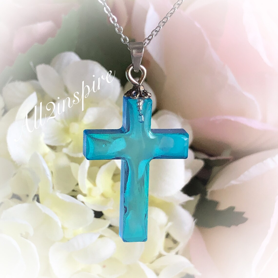Blue Resin Cross Necklace Jewelry OOAK Handmade resin art Etsy
