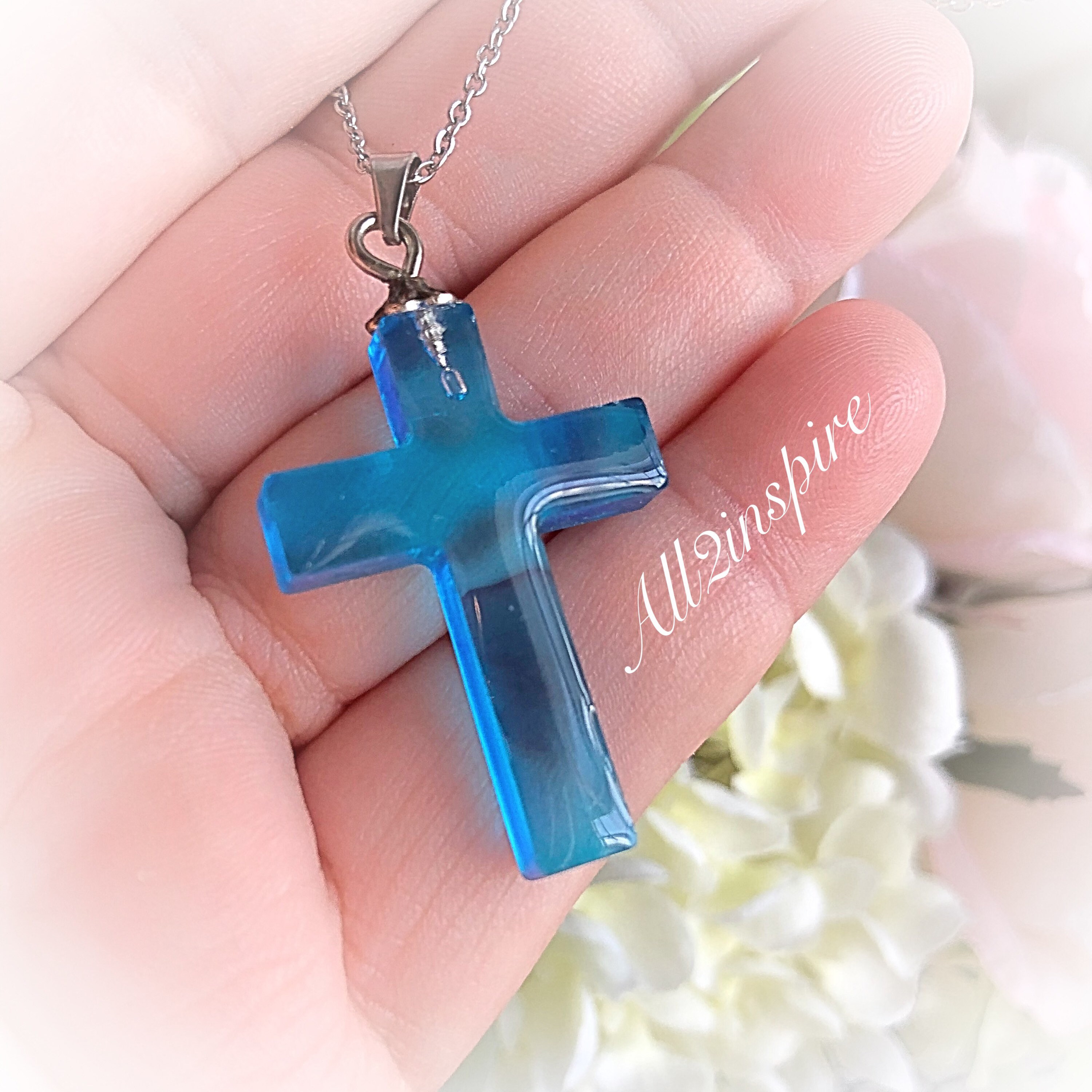 Blue Resin Cross Necklace Jewelry OOAK Handmade resin art Etsy