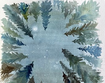 May include: A watercolor painting of a night sky with a full moon and stars. The sky is a light blue color and the trees are dark green. The trees are all pointing upwards towards the sky.