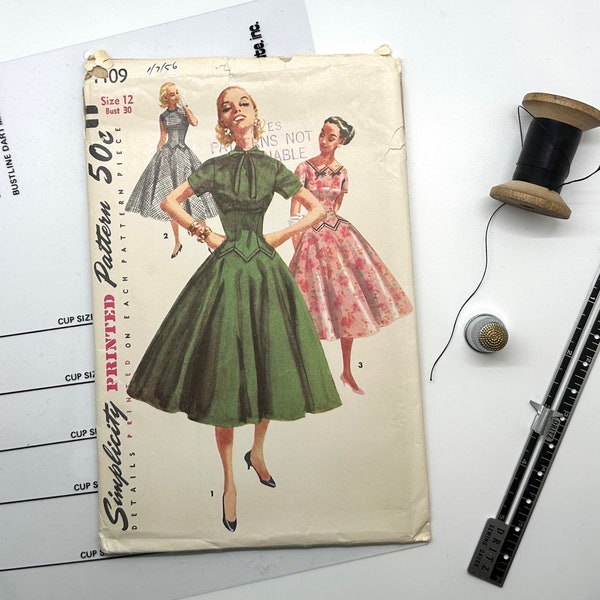 Simplicity 1409 Vintage 50s Uncut Sewing Pattern, Size 12 | 1940s DIY Misses' One Piece Dress   |