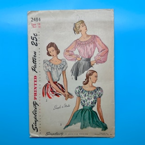 Simplicity 2484 1950&#39;s Misses&#39; Blouse Vintage Sewing Uncut and Complete Pattern, Size 14, Bust 32 | 1950s DIY Blouse With Raglan-Type Sleeve
