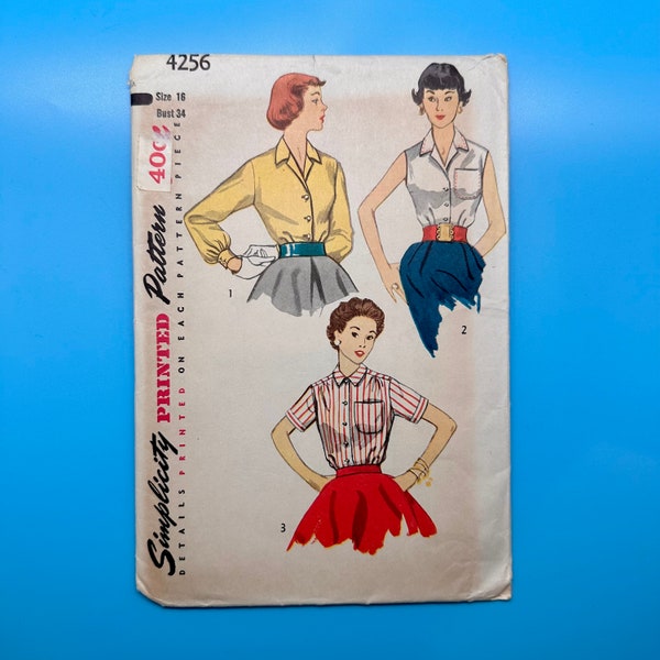 Simplicity 4256 1950's Junior Misses' & Misses' Blouses Vintage Sewing Uncut and Complete Pattern, Size 16, Bust 34 | 1950s DIY Blouses