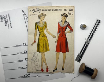 Du Barry 5522 Vintage 40s Uncut Sewing Pattern, Size 14 | 1943 Misses' Two Piece Dress with Lace Collar |