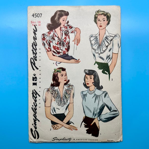 Simplicity 4507 1940's Misses' and Women's Blouses Vintage Sewing Partially Cut and Complete Pattern, Size 14, Bust 32 | 1940s DIY Blouses