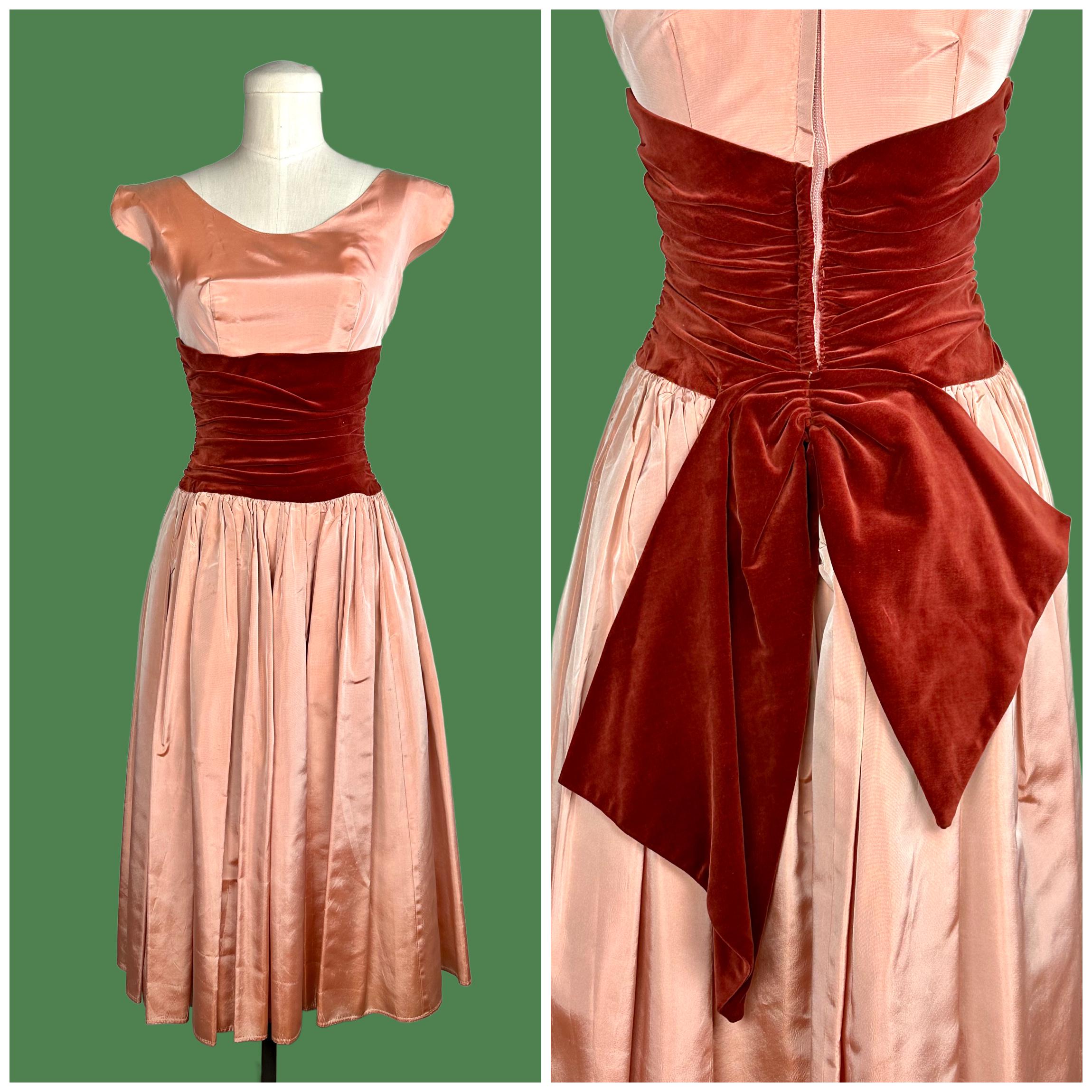 VELVET BIG BOW 50s Pink and Burgundy Holiday Dress | 1950s Fitted Flare Gown | Scalloped Sleeves | Party Prom Wedding Bridal | Size X-Small