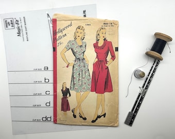 Hollywood Pattern 1542 Vintage 40s Cut Sewing Pattern, Size 14 | 1940s DIY One Piece Dress 1940s   |