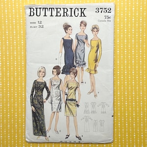 Butterick 3752 Vintage 60s Cut Sewing Pattern, Size 12 | 1960s DIY One Piece Dress in Two Lengths 1960s   |
