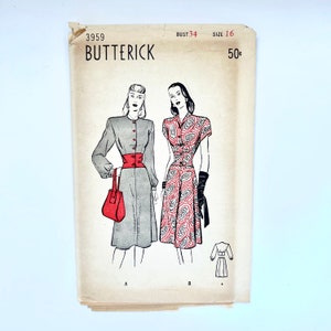 BUTTERICK Sewing Dress Pattern 3959| Vintage 40s Sewing Cut Pattern | Size 16, Bust 34, W 28 Hip 37 | 1940&#39;s DIY