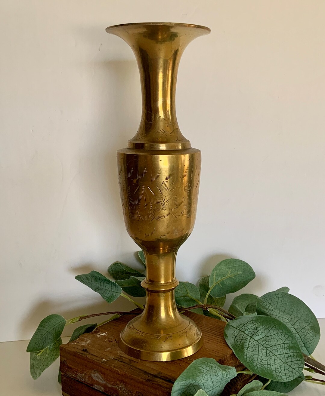 Vintage Brass Vase, Etched Brass Vase, Made in India Vase, Boho Brass