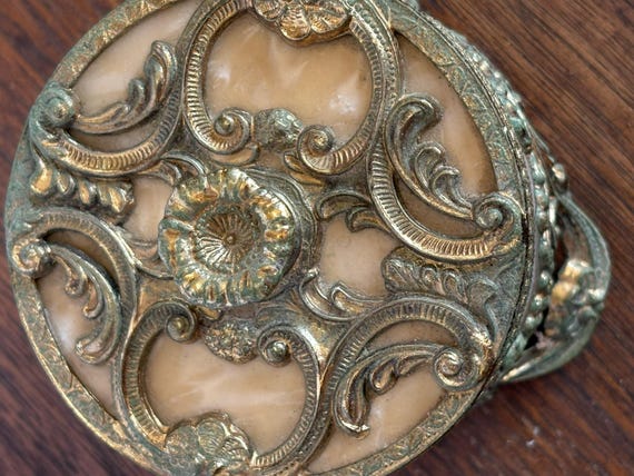 Vintage French Ormulo Footed Trinket Box, Ornate Filagree Footed Jewelry Box, Intricate Brass Tone Trinket, Gold Tone Trinket View 2