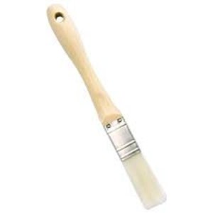 May include: A small, angled paintbrush with a natural wood handle and a metal ferrule. The bristles are white and appear to be synthetic. The handle has a hole for hanging. The brush is designed for detail work and small areas.