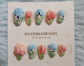 Cow Tulip Press On Nails,Almond Handmade Custom Size