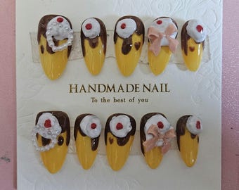 Kawaii Custard Pudding Princess Press On Nails, Almond Custom Size Handmade Nails