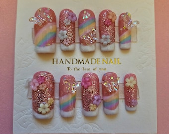 GYARU Hawaii Rainbow Dream Press On Nails, Square Custom Size Handmade Nails