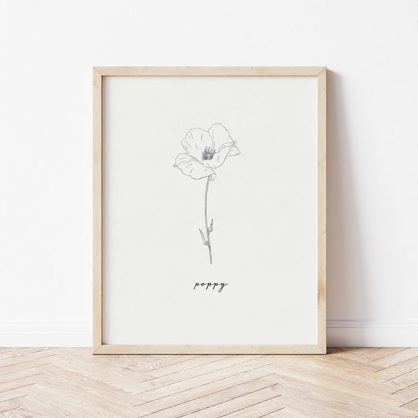 Poppy Print | Poppies Botanical Art | Poppy Drawing | Poppy Art | Printable Wall Art | Flower Print | Pencil Art Print | Poppy Line Art