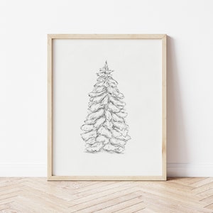 Fir Tree Drawing, Holiday Prints Vintage, Fir Print, Neutral Christmas Wall Art, Fir Tree Art, Christmas Tree Decor, Fir Tree Print