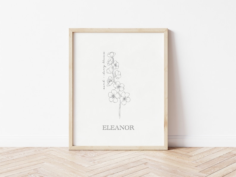 May include: A black and white line drawing of a flowering branch with the text "sweet cherry blossom" and the name "ELEANOR" printed below the image.