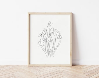 May include: A black and white line drawing of a bouquet of snowdrop flowers in a simple frame.