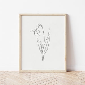 Schneeglöckchen Blumendruck, Blumen Skizze Drucke, Bleistift Skizze Wandkunst, Schneeglöckchen Kunstdruck, Januar Blume, Blumendruck für Kinderzimmer