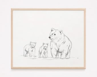 Mama Bear and Cubs Pencil Sketch Print: Neutral Nursery Decor (Digital Download)