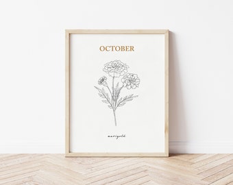 October Birth Flower Print | Marigold Print | Marigold Drawing | Printable Wall Art | October Flower Marigold | Marigold Birth Flower Art