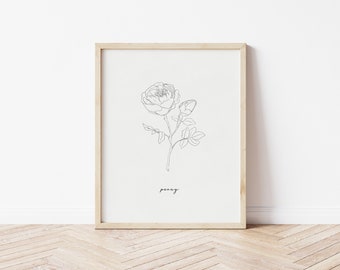 Peony Art Print | Peony Botanical Line Art | Floral Line Drawing | Printable Wall Art | Flower Print | Vintage Art Print | Botanical Art