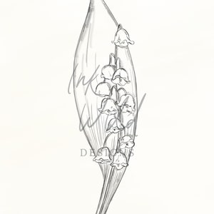 May include: A black and white line drawing of a lily of the valley flower with a single leaf.