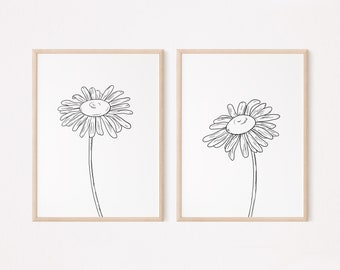 Daisy Wall Art Printable, Black and White Prints Set of 2, Flower Line Art Print, Daisy Flower Print, Daisy Nursery Wall Art, Daisy Artwork