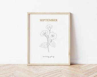 September Birth Flower Print | Morning Glory Print | Morning Glory Drawing | Printable Wall Art | Morning Glory Birth Flower Art