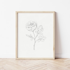 Download de impressão de peônia, arte de parede para impressão de peônia, desenho de linha de flores, arte de parede neutra grande, impressões de flores neutras, arte de impressão de peônia