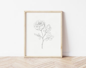 Peony Print Download, Peony Printable Wall Art, Flower Line Drawing, Neutral Wall Art Large, Neutral Flower Prints, Peony Print Art