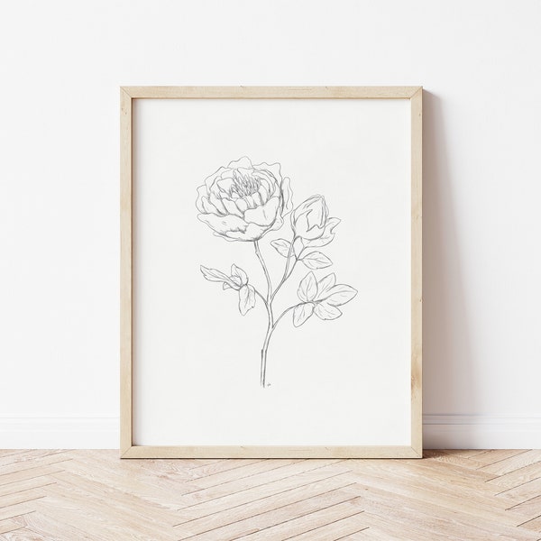 Peony Print Download, Peony Printable Wall Art, Flower Line Drawing, Neutral Wall Art Large, Neutral Flower Prints, Peony Print Art