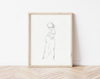 Impresión artística vintage de boceto de maternidad: silueta de mujer embarazada (descarga digital)