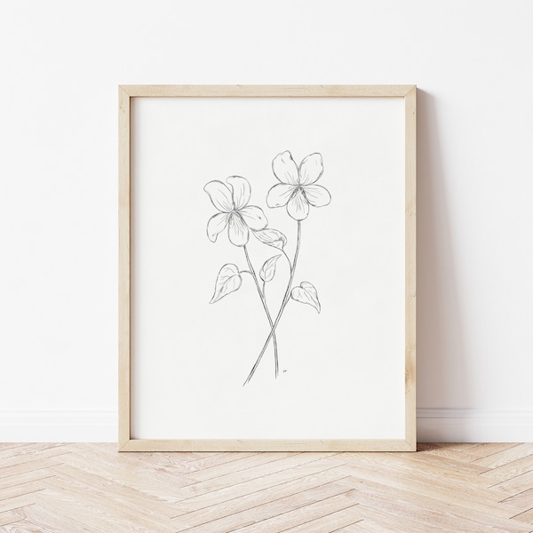 Violet Sketch | Violet Print | Botanical Art | Pencil Drawing | Printable Wall Art | Flower Art | Floral Print | Violet Drawing | February