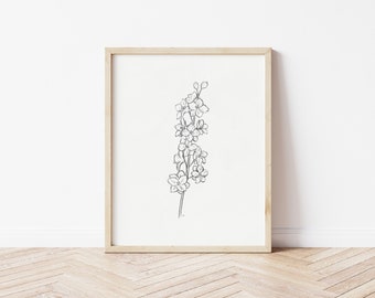 Rittersporn Zeichnung | Rittersporn Rittersporn | Blumen Zeichnung | Bleistiftzeichnung | Druckbare Wandkunst | Blumenmuster | Juli Geburt Blumenkunst