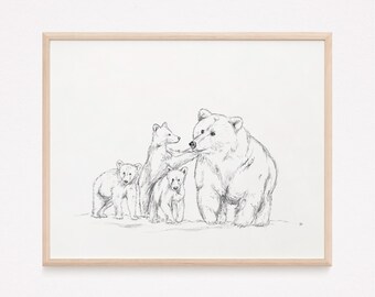 Mama Bear & Cubs Pencil Sketch Print: Nursery Wall Art (Digital Download)
