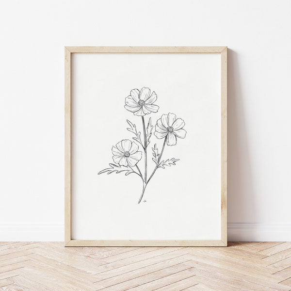 Cosmos Print | Cosmo in Pencil | Floral Drawing | Pencil Drawing | Printable Wall Art | Flower Print | October Birth Flower | Cosmo Flower