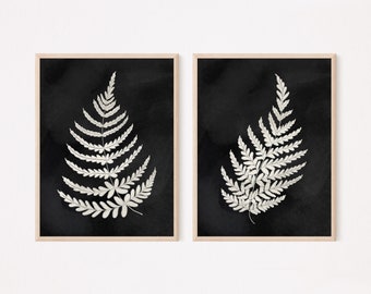 Botanical Prints on Black Background, Botanical Prints Ferns, Botanical Prints Set of 2, Farmhouse Prints Set, Fern Print Set, Fern Art Work