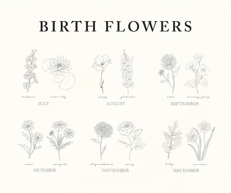 Personalized Birth Flower Print, Custom Flower Name, Birth Flower Gift, Black and White Flower Printable, Birth Month Flower Art image 6