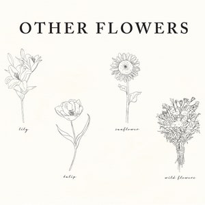 May include: Line drawing illustrations of four different types of flowers: a lily, a tulip, a sunflower, and a bouquet of wild flowers. The text "OTHER FLOWERS" is at the top of the image.