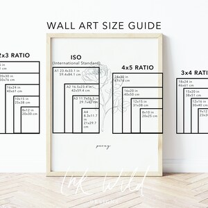 May include: A wall art size guide with different ratios and measurements in inches and centimeters. The guide includes 2x3, 4x5, and 3x4 ratios. The text "WALL ART SIZE GUIDE" is at the top of the image. The text "ISO (International Standard)" is in the middle of the image. The text "peong" is at the bottom of the image.