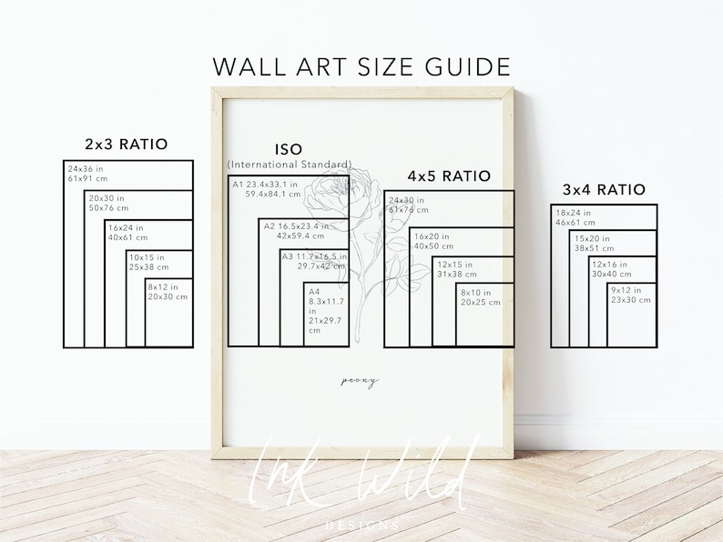 May include: A wall art size guide with different ratios and measurements in inches and centimeters. The guide includes 2x3, 4x5, and 3x4 ratios. The text "WALL ART SIZE GUIDE" is at the top of the image. The text "ISO (International Standard)" is in the middle of the image. The text "peong" is at the bottom of the image.
