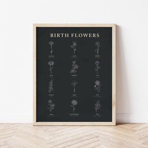 Zwart-wit Geboorte Flower Art | Maandelijkse bloemsierkunst | Handgetekende bloemenkaart | Afdrukbare kunst aan de muur | Bloemenkunst aan de muur | Geboorte bloemsierkunst