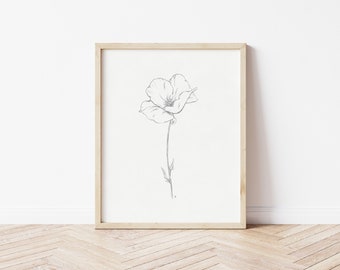 Poppy Sketch | Poppy Botanical Art | Floral Drawing | Poppy Print | Printable Wall Art | Flower Print | Poppy Drawing | August Birth Flower