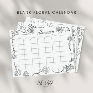 Op de afbeelding: Een stapel blanco bloemenkalenders met een minimalistisch ontwerp. De kalenders hebben een zwart-witte bloemenrand met de tekst "BLANK FLORAL CALENDAR" bovenaan. De maand januari is zichtbaar, met ruimte voor dagelijkse invoer.